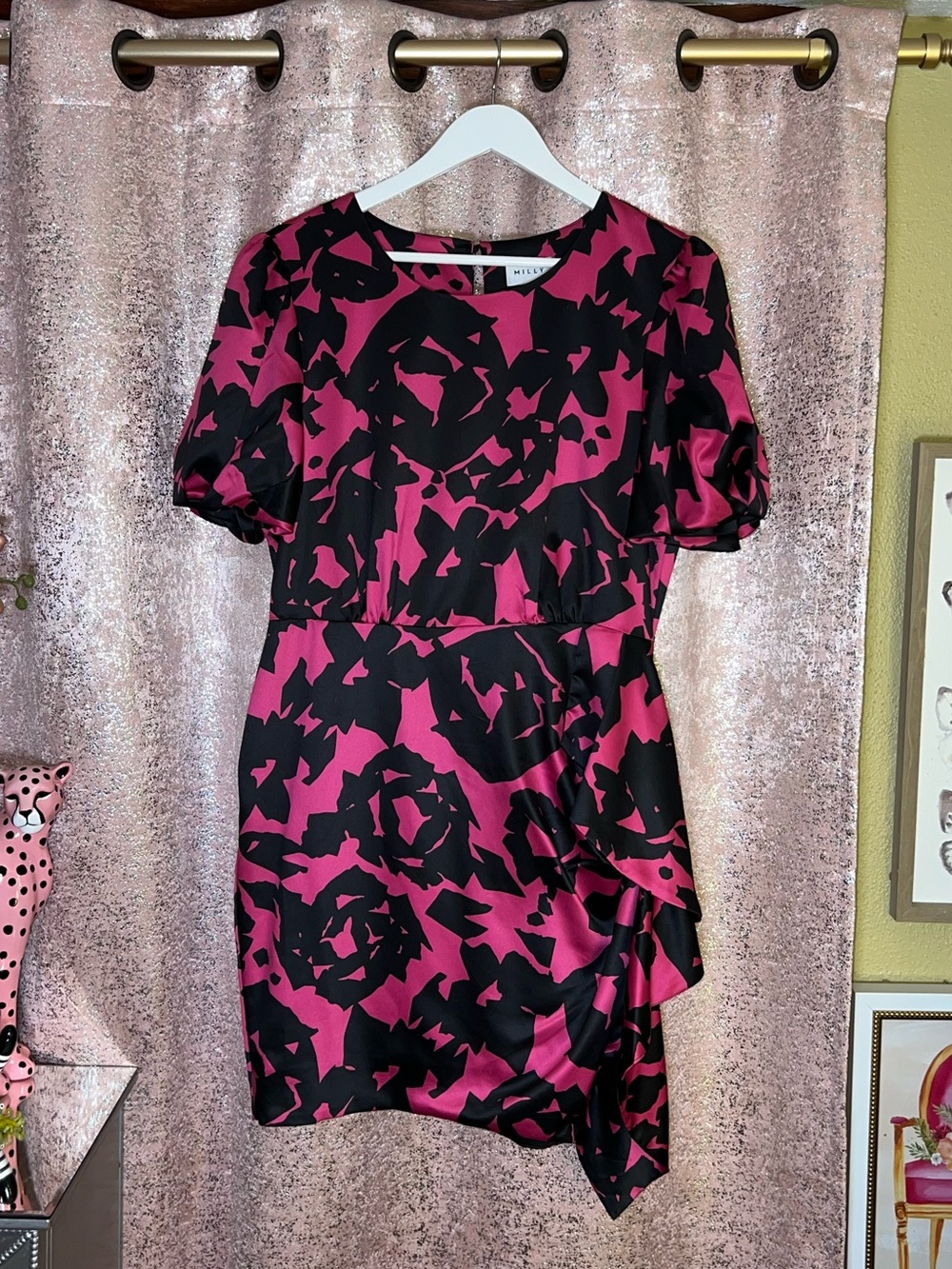 NWOT Milly Abstract Silky Pink & Black Rose Print Dress